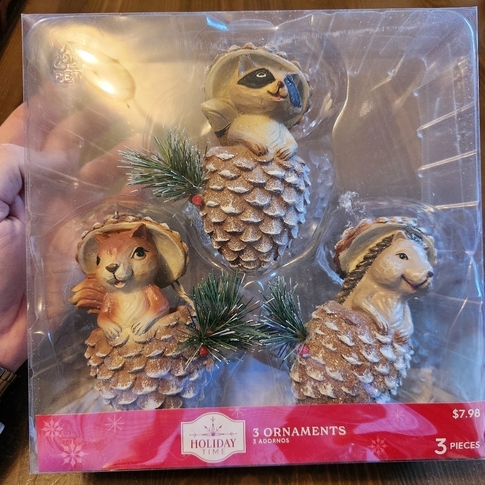 Woodland Animals in Pinecone Ornaments set of 3 New Holiday Time Resin Sparkly